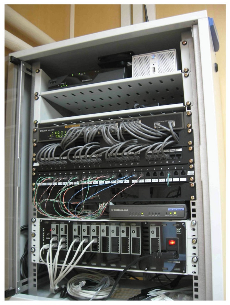 Пример размещения сетевого оборудования в настенном коммутационном шкафу.